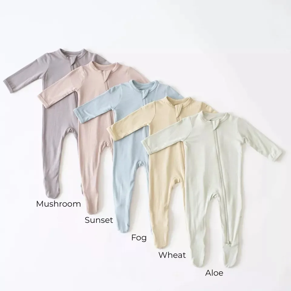 Custom logo label toddler onsie sleepsuit plain solid Bamboo Cotton Zipper Footie Pajamas Newborn Baby Clothes