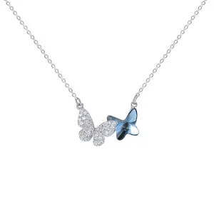 RINNTIN SWN03 Crystal Butterfly Pendant Jewelry 925 Sterling Silver Charming Necklace Women