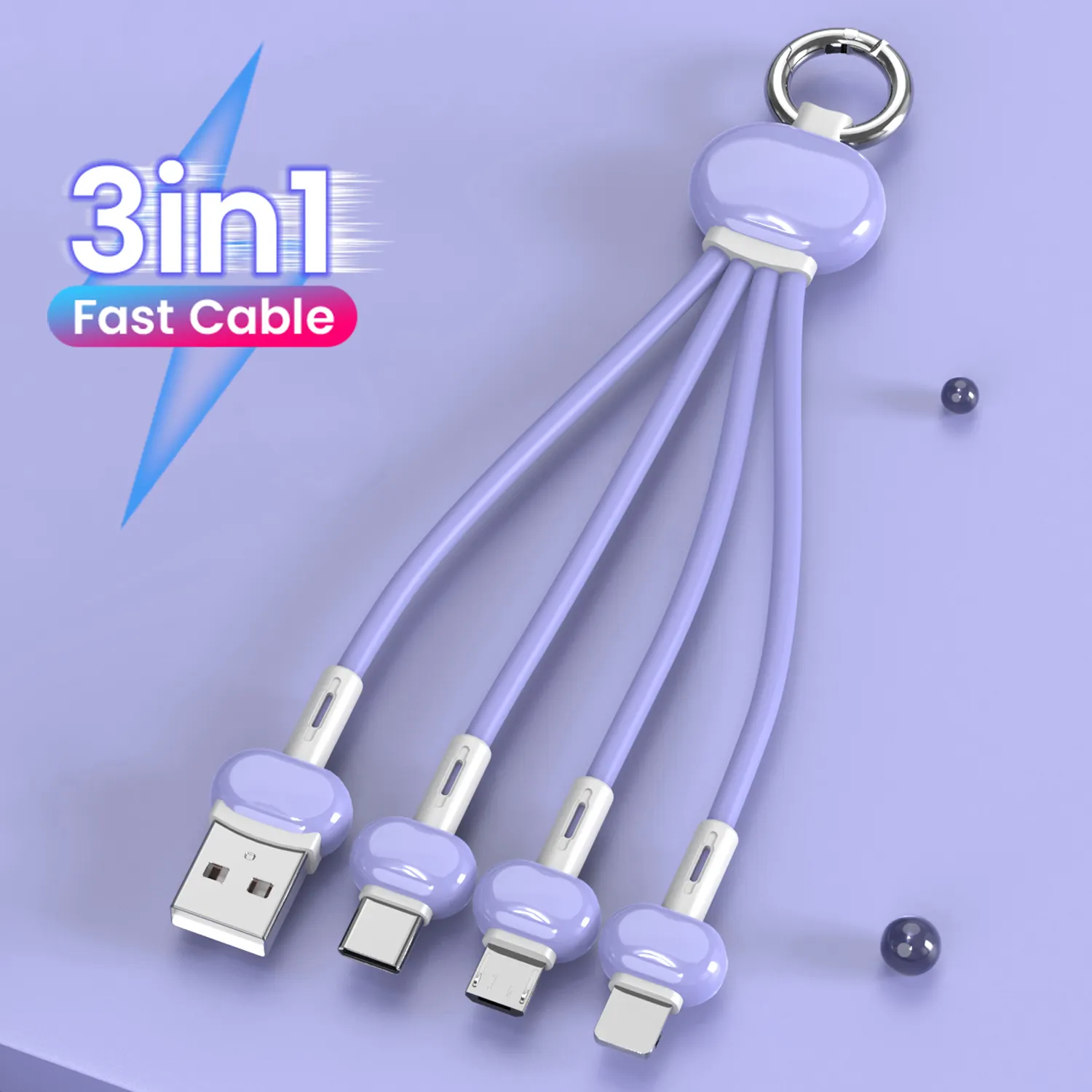 Cobblestone 3A fast charging usb cable 15CM colorful liquid silicone type-c micro usb 3 in 1 keychain for iphone charger cable