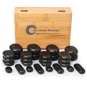 28 Pcs Factory Supply Cheap Price Popular Black Mini Body Energy Natural Hot Stone Set Basalt Massage Stone Set with Bamboo Box