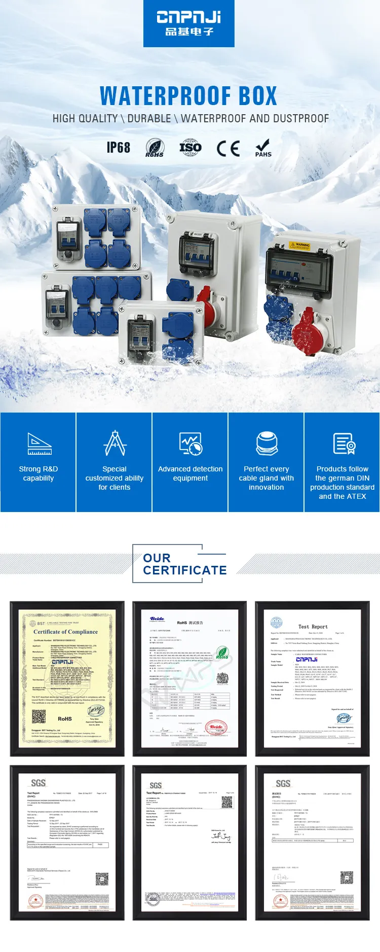 Ofc elétrica função de plástico à prova d' água ip45 ip55 ip65 pilar placa vazia caixa de distribuição com plug