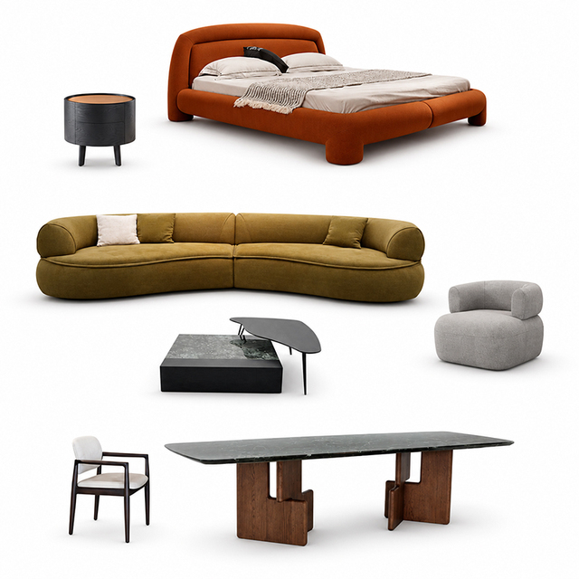 High End Contemporary Furniture Collection with Sculptural Sofa Bed and Marble Dining Table