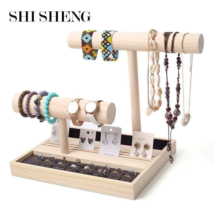 SHI SHENG bracciale in legno di bambù collana anello espositore per gioielli Stand da banco Display Set