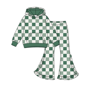 Ensemble deux pièces tendance pour enfants pour la Saint-Patrick, tenue à carreaux verts pour filles avec pantalon pattes d'éléphant - Product Image 6