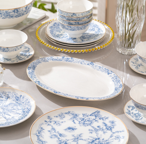 Classic Blue-and-White Ceramic Dinnerware <b>Set</b> Round Plates with Gold Rim Plant Pattern <b>Serving</b> <b>Dishes</b> for Wedding - Product Image 5
