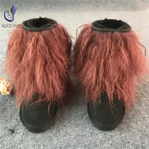 Fashion Wanita Putih Merah Muda Setengah Tertutup Domba Domba Salju Sepatu Boot Pendek Musim Dingin Berbulu Nyata Mongolia Sepatu Bulu untuk Wanita