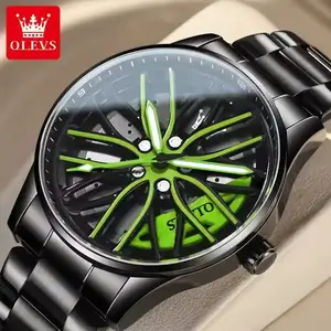 OLEVS 9937 Radnabe-Uhr für Herren Rotationszifferblatt Sportwagenfelge hochwertig luxuriös modisch meistverkauft grüne Quarz-Herrenuhren