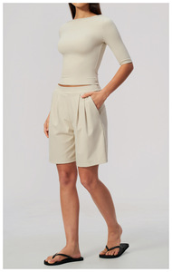 Conjunto de 2 Piezas para Mujer, Verde Oliva a Rayas, Top Corto sin Mangas, Pantalones Cortos de Cintura Alta, Casual, Transpirable, Poliéster, Ropa de Primavera/Verano - Product Image 5