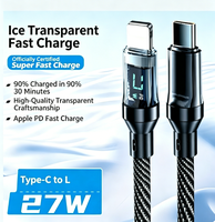 Câble de données tressé Type-C/L à affichage numérique transparent, charge ultra-rapide 27W, conducteur en cuivre pur 12 mois pour appareils