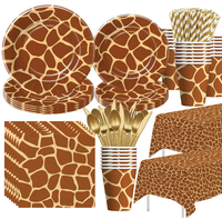 Assiettes, gobelets, serviettes, nappes, couverts et pailles jetables à thème girafe pour fête d'anniversaire sur le thème de la jungle ou du safari