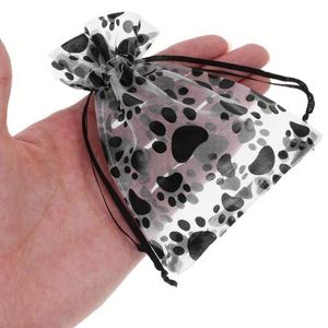 Sacs en organza à motif de pattes de chien noir mignonnes, 13x18cm, pochettes réutilisables à cordon pour bonbons, bijoux, cadeaux de fête pour animaux de compagnie - Product Image 5