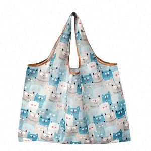 Custom Rpet Cartoon Foldable Superet Grocery Bag Large Reusable Plaid Folding Tote Polyester Shopping Bag With <b>Pouch</b> - Product Image 1