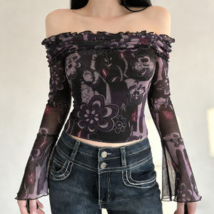 Camiseta de malla estampada vintage francesa con hombros descubiertos para mujer, blusa elegante fruncida de ajuste ceñido para primavera y otoño - Product Image 6