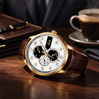 Herren Multifunktionale Quarz-Armbanduhr Edelstahlgehäuse Echtlederarmband Klassische Business-Herrenuhr