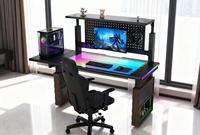 Bureau de jeu électrique à 4 moteurs, bureau ergonomique réglable en hauteur, design extensible, rangement, éclairage LED personnalisé pour le jeu