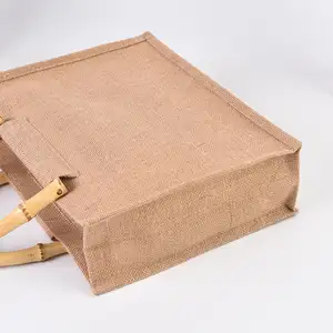 カスタムロゴエコ再利用可能なジュートハンドルバッグショッピング黄麻布バッグジュートトートバッグ竹ハンドル