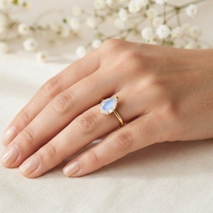 Handmade Silver Natural Blue <b>Fire</b> Rainbow Moonstone Bezel Set 925 Sterling Silver Ring Pear Shape stone Ring Eternity vermail - Product Image 5