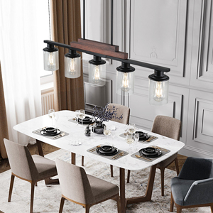 Luminaire suspendu pour îlot de cuisine de style ferme industriel à 5 lumières, 37 pouces, en <span class=keywords><strong>métal</strong></span> et <span class=keywords><strong>bois</strong></span>, avec abat-jour en verre transparent (sans ampoules) - Product Image 4