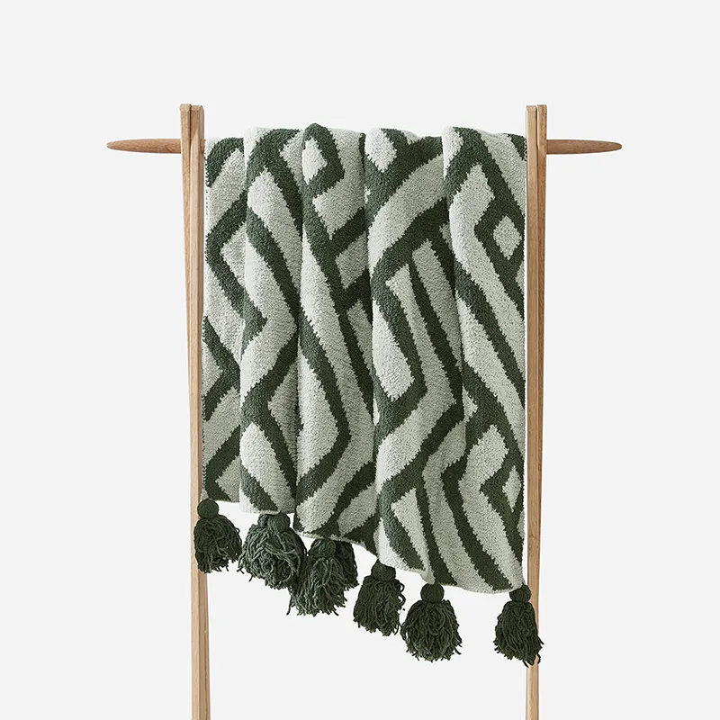 Hafif dekoratif şerit geometri peluş battaniye püskül düğüm ile özel tasarım lacivert dokuma battaniye