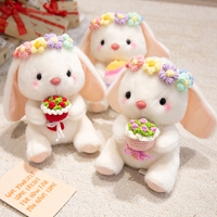 Peluche Lapin à Oreilles Tombantes avec Couronne de Fleurs, Adorable Lapin Blanc en Peluche avec Bouquet pour Décoration d'Anniversaire Enfant, Cadeau