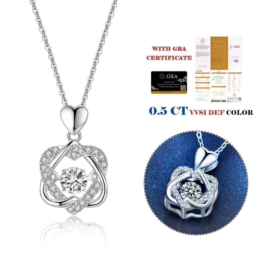 Trendy 100% Sterling Silver 925 Soild Argent Interlocking Double Heart Beating Diamond Dancing Moissanite Pendant Necklace