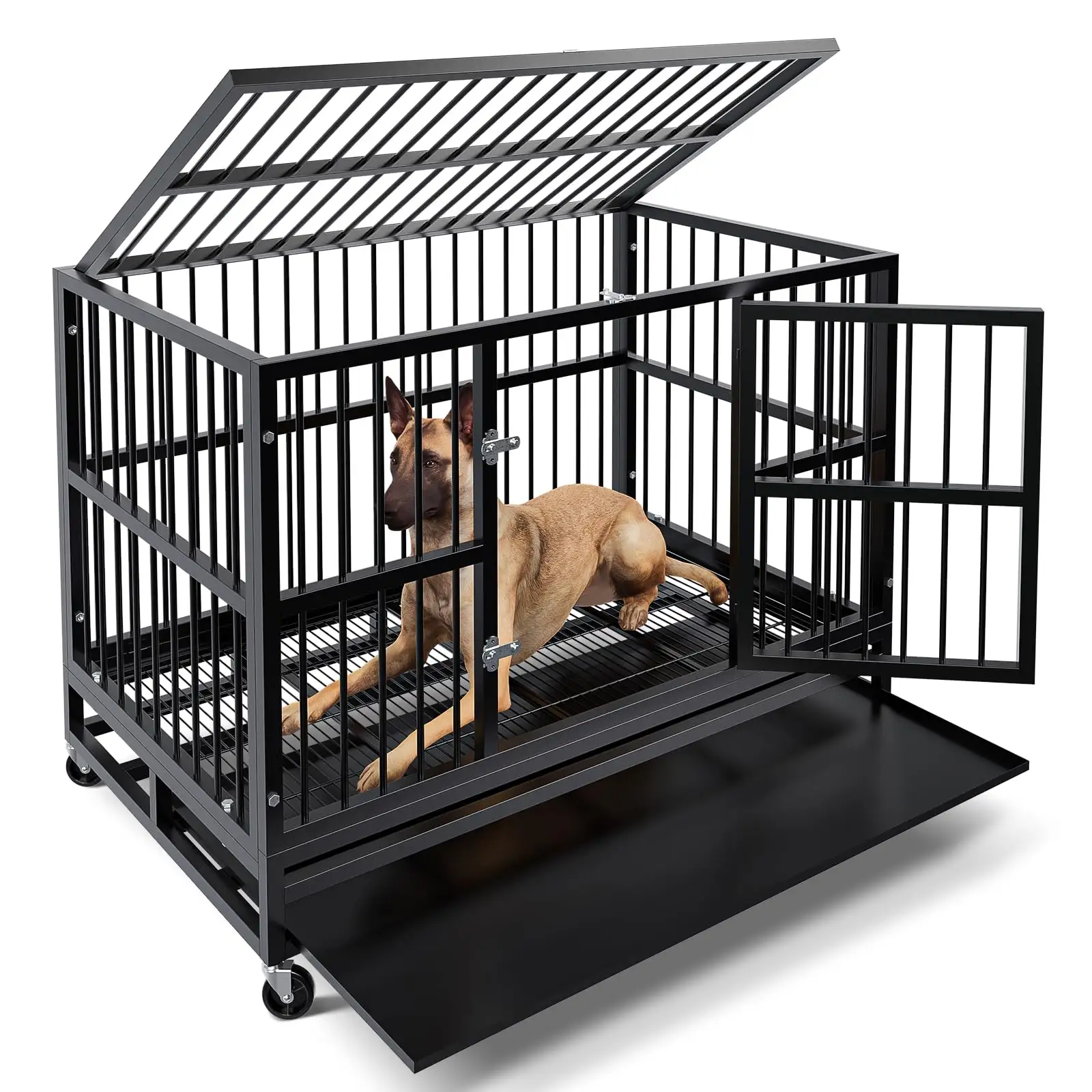 Black Colour Heavy Duty Dog Kennel Escape Proof StainlessSteel Pipe Large Dog Kennel With Wheels And Tray