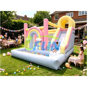 Structure gonflable arc-en-ciel pastel avec <span class=keywords><strong>toboggan</strong></span> et piscine à balles en bâche PVC, combo <span class=keywords><strong>toboggan</strong></span> gonflable pour enfants, idéal pour les mariages - Product Image 1