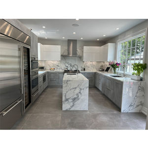 Armoire blanche à haute brillance Armoire de cuisine en bois massif Armoire de cuisine en laque grise - Product Image 1