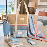 Kit de bienvenue personnalisé pour les voyages en resort, comprenant un sac fourre-tout, un gobelet isotherme, une écharpe, une pochette, une étiquette de bagage et un carnet