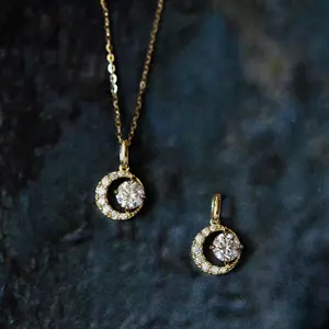 925s纯银项链14k金细链钻石月亮吊坠锁骨链时尚女性饰品配件