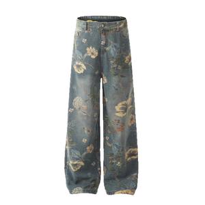 Pantalones de mezclilla unisex de cintura alta con estampado floral retro americano, diseño de nicho, pierna ancha y holgada, a la moda, para comercio exterior 2025 - Product Image 5