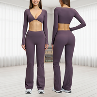 Setelan Yoga 2 Potong Wanita Kerah V Pinggang Tinggi Bahan Spandex/Nilon Tahan Lama Cepat Kering Bernapas Pakaian Fitness Model 4201
