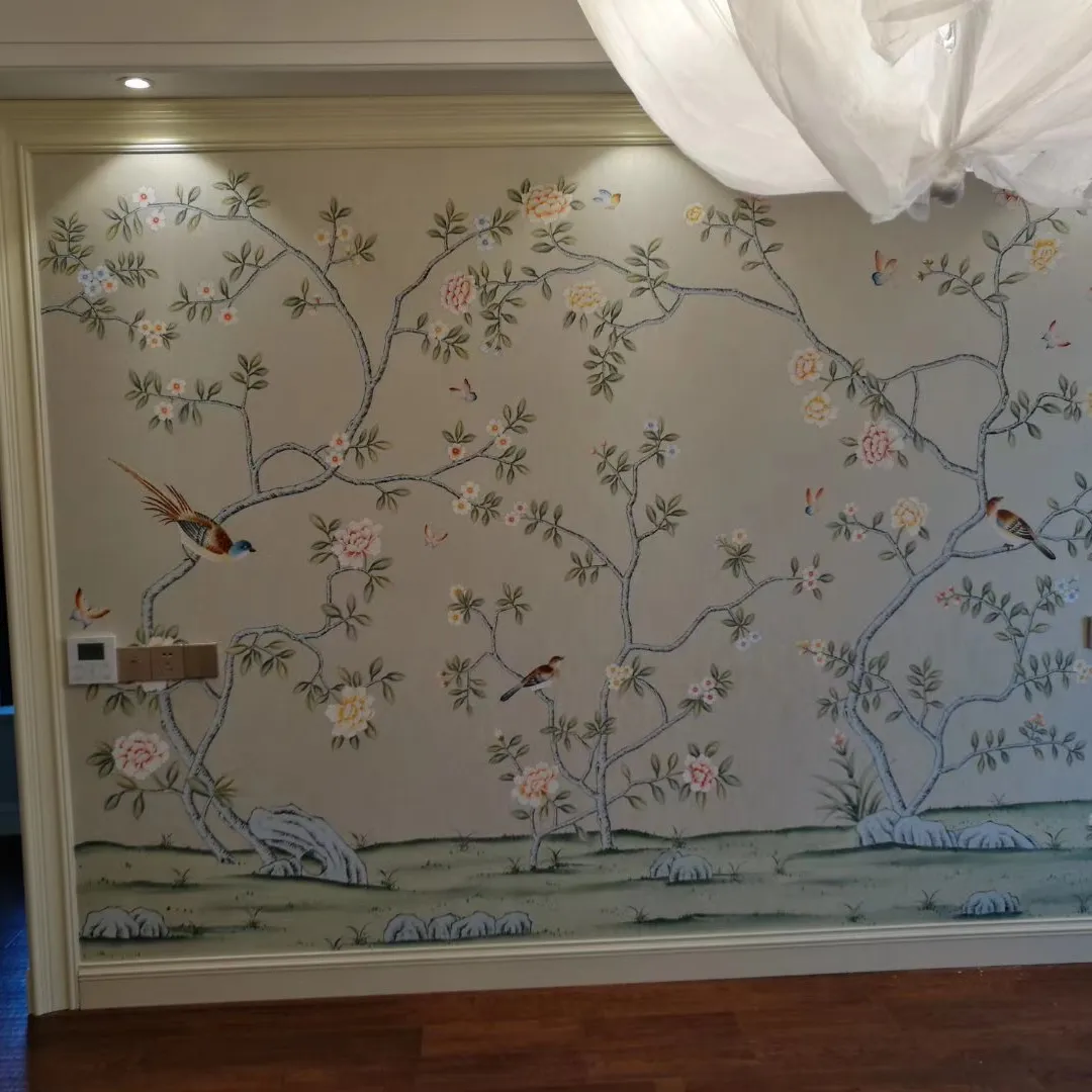 زهينلينج حرير رياح صيني فاخر مرسومة يدويًا زهور وطيور جدارية ديكور جداري للفنادق
