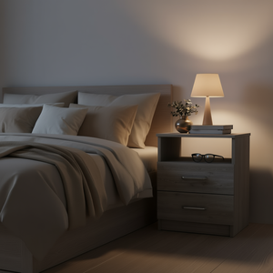 Comodino Olienza grigio chiaro con due cassetti e un ripiano, mobile moderno per camera da letto - Product Image 2