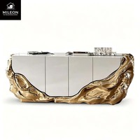 Buffet de Luxe Moderne en Or Sculpté, Meuble de Rangement Blanc Brillant pour Maison, Villa et Espace de Vie