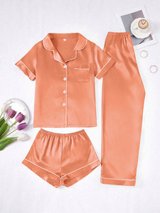 Pigiama Estivo <span class=keywords><strong>da</strong></span> Donna in Raso Stile Europeo e Americano, Cardigan con Risvolto, Maniche Corte, Pantaloni, Set 3 Pezzi Traspirante, Colori e Taglie Personalizzabili - Product Image 1