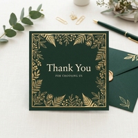 Cartes de remerciement botaniques vert forêt foncé avec dorure à chaud, design de bordure feuille de luxe, personnalisables en gros avec logo, pour mariage, entreprise, OEM, ODM