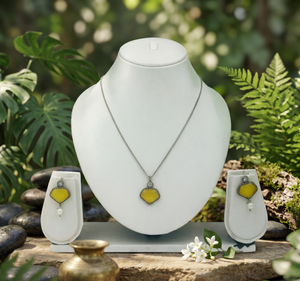 DIVYORO Minimalist Geometric Pendant <b>Necklace</b> & Earring Set Yellow Stone Oxidized Finish Designer <b>Statement</b> Engagement Jewelry - Product Image 3