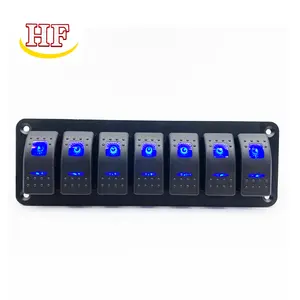 Aluminum Pre-wired Auto Parts DC 12V 5 Pins Rocker Switch 7 Gang On/off Blue Led Marine Rocker Switch Panel