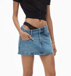 Faldas de encaje sexy para mujer Y2K faldas holgadas de cinco bolsillos Falda vaquera prediseñada con cintura de encaje asimétrica minifalda para niñas - Product Image 2