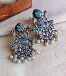 Pendientes oxidados de piedra azul cielo, pendientes de gota, conjunto de joyería de latón para ropa informal, ropa de oficina étnica india - Product Image 1