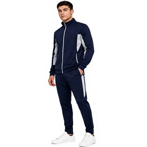 Unisex <b>Navy</b> Blue Grey Full-Zip Stand Collar Jacket <b>Jogger</b> Pants Tracksuit Set 100% Cotton Breathable Quick-Dry Eco-Friendly - Product Image 2