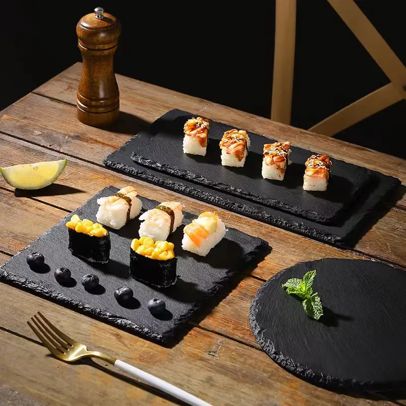 Gran oferta, tabla de queso redonda rectangular negra Natural personalizada y plato de pizarra para uso en restaurante, ¡para bistec de sushi y más!