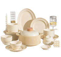 Ensemble d'assiettes à petit-déjeuner en céramique couleur crème, vaisselle sous glaçure, bols et assiettes extra épais et résistants à la chaleur.