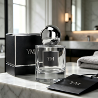 Flacon de parfum de luxe en verre transparent de 50 ml, base épaisse cylindrique, vide, avec atomiseur à sertir de 15 mm et capuchon sphérique argenté mat brillant