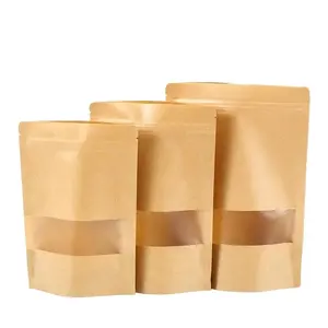 2024 réutilisable chaleur Kraft papier debout pochettes debout fermeture éclair sacs de stockage des aliments pochettes scellables noires avec fenêtre transparente