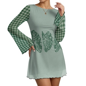 Maßgeschneidertes Knielanges Sexy Club-Style Mesh-Kleid-Set mit Wärmeübertragungsdruck Hawaiianischer Druck Kalo-Blätter Paraca Gestepptes Muster - Product Image 4