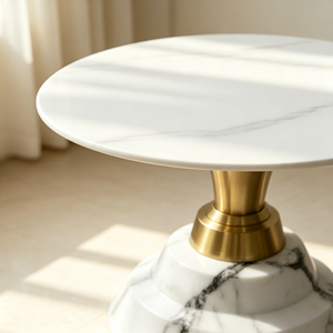 Table basse ronde blanche moderne avec plateau en pierre frittée à veines naturelles et base en pierre multicouche pour salon et hall d'entrée - Product Image 2