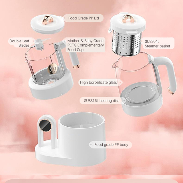 New Design Korean Style Cream White Glass Transparent Cup Kettle Milk Warm Baby Food Blender 2 in 1 Machine With Night Light