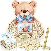 Cadre photo Nicro Ours mignon avec nœud rose et 60 tranches de bois personnalisables pour invités, pour décoration de table de fête prénatale et révélation du sexe